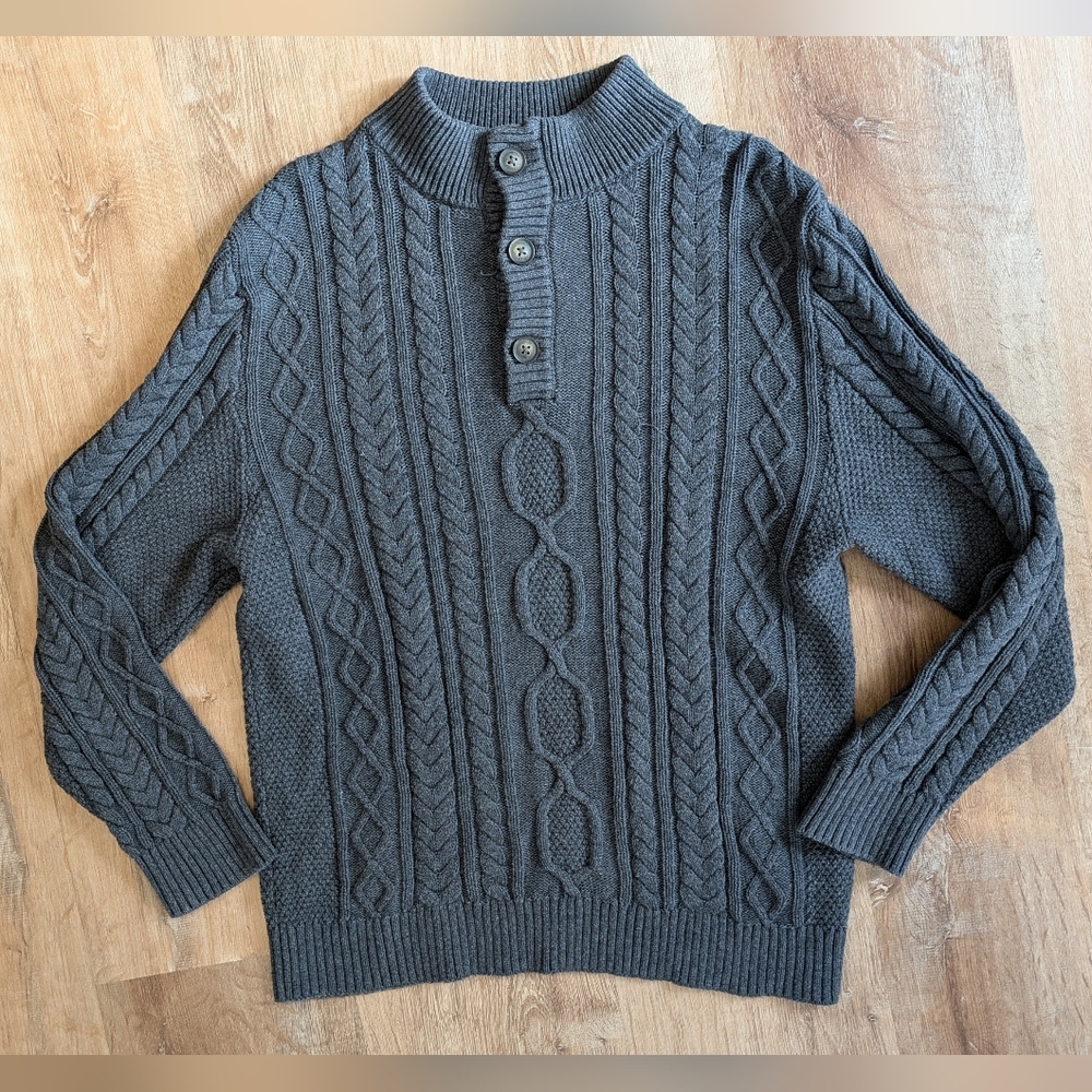 Tilley Men's Charcoal Cable Knit Mock Neck Pullover Sweater Medium